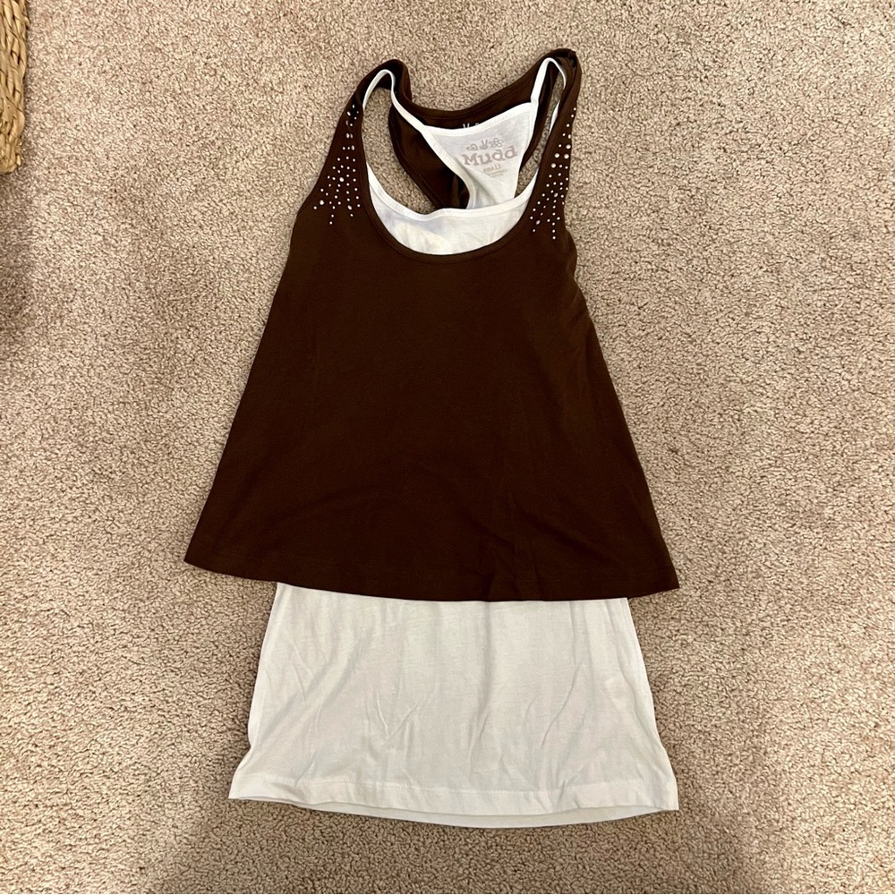 Mudd Brown Layered Tank with White Inner and Stud Accents